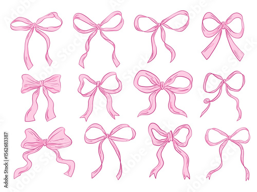 Hand Drawn Pink Ribbon Bow Collection. A charming collection of twelve hand drawn pink ribbon bows in various shapes including loose loops wavy tails folds and minimal silhouettes in sketch style