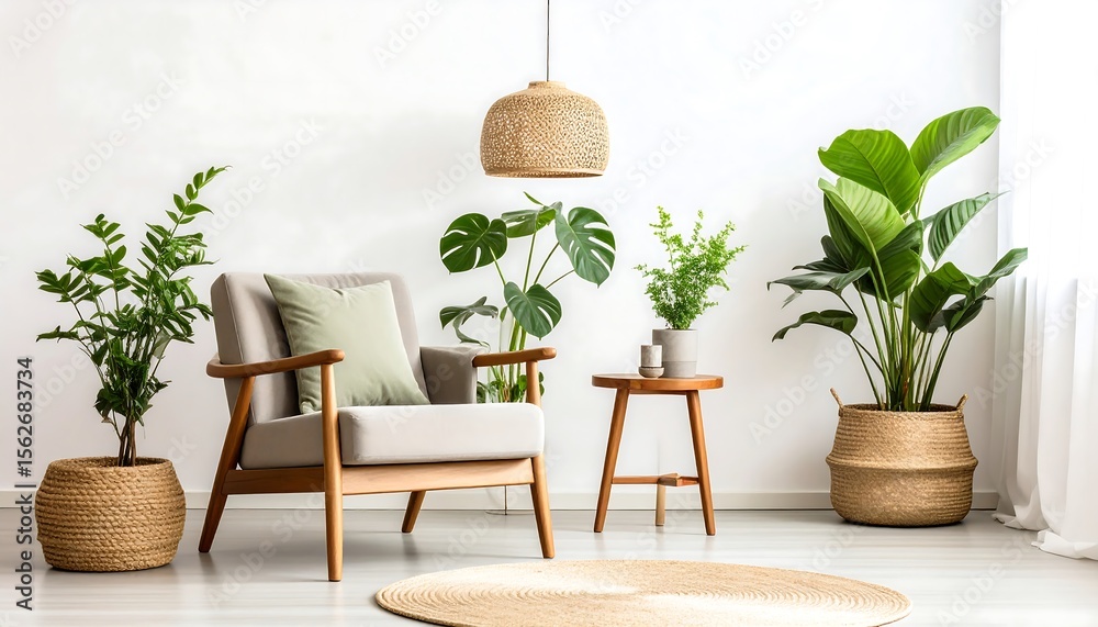 Fototapeta premium Cozy living room with armchair with indoor plants, lamp rug, and bright airy interior.
