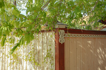 Ornate, colorful wall in a sunny garden setting