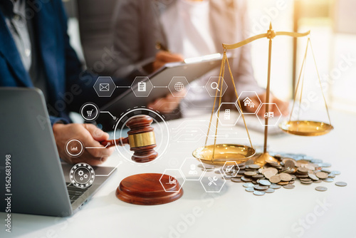 Male lawyer in the office with brass scale on wooden table. justice and law concept