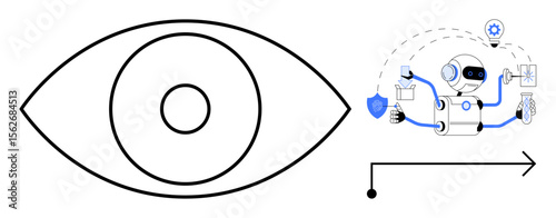 Eye-shaped outline linked to robot interacting with technological tools, settings, security, and ideas. Ideal for AI, automation, innovation, vision security productivity technology. Simple flat