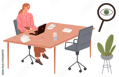 Woman typing on laptop at desk with papers, glass of water, plant, and magnifying glass illustration. Ideal for remote work, productivity, office setup, workplace analysis, focus career planning
