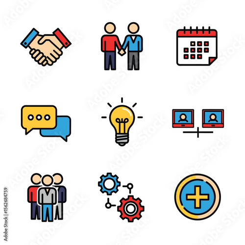 Business icons showing teamwork represent collaboration and planning with conceptual flat design elements.