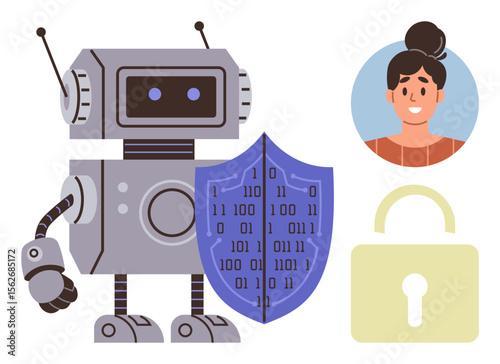 Robot holding binary shield, user avatar, and lock emphasizing data protection, cybersecurity, and user privacy. Ideal for technology, security, privacy, AI digital identity encryption simple flat