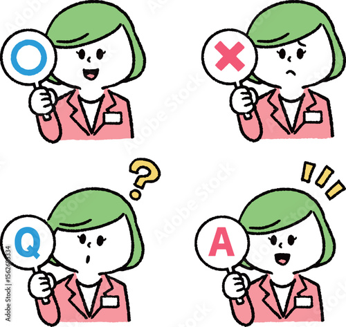 丸バツとQ＆Aを持っているスーツの女性アイコン（セット）