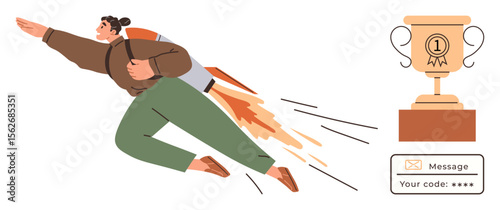 Person launches forward with rocket pack, reaching for gold trophy. Includes message box with code. Ideal for motivation, success, ambition, competition, innovation goal setting growth. Simple flat