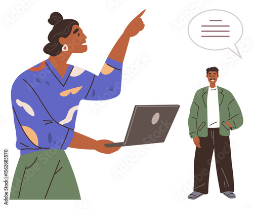 Woman holding a laptop, pointing upward while discussing with a standing man, expressing ideas. Ideal for teamwork, communication, discussion, collaboration, brainstorming, education presentations