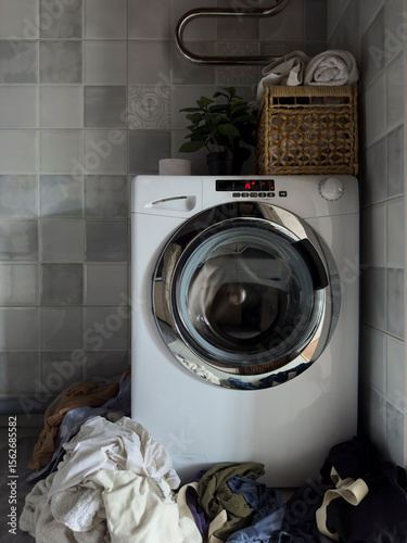 Washing machine working with pile of dirty clothes in bathroom