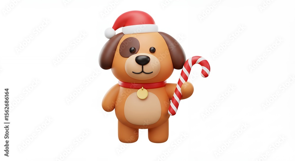 Naklejka premium Cute cartoon dog with christmas hat and candy cane