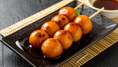 照りと艶が食欲をそそるみたらし団子の和風盛り付け