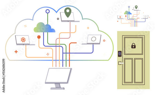 Cloud network linking multiple devices via colored flow paths, highlighting data security with a locked door icon. Ideal for cloud computing, data privacy, cybersecurity, IoT, remote work, storage