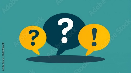 Three speech bubbles, one dark blue with a question mark, two yellow with a question mark and exclamation mark, appear against a teal background.