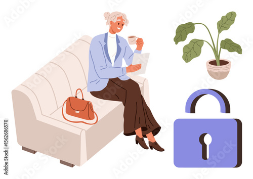 Woman enjoying coffee while using a laptop on a couch, bag nearby, large potted plant beside her, symbolic padlock suggesting security. Ideal for lifestyle, work-life balance, cyber safety, relaxing