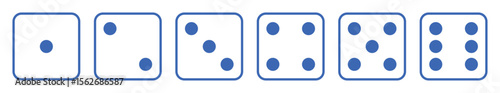 Dice icon set with all six faces in blue color in outline style. Ludo game dice symbols in outline style. Set of six sides of a dice icon in blue color isolated on a white background