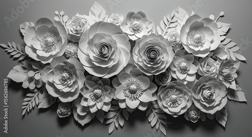 Monochromatic Paper Flower Arrangement: Elegant 3D Floral Design in Grayscale