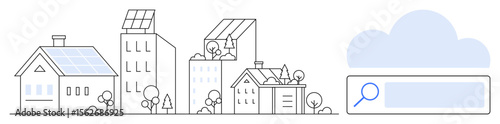 Energy-efficient urban landscape with solar panels on rooftops, trees, and search bar. Ideal for eco-living, energy innovation, community planning, smart cities, green energy, technology simple