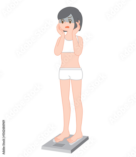 体重測定にショックを受ける女性のイラスト/Woman Shocked by Her Weight on the Scale