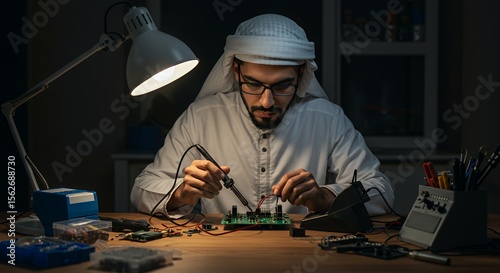 Focused Middle Eastern man meticulously soldering a circuit board under a desk lamp at night, showcasing dedication to electronics repair.