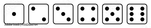 Dice icon set with all six faces in black color in outline style. Ludo game dice symbols in outline style. Set of six sides of a dice icon in black color isolated on a white background