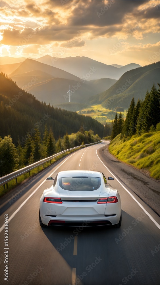 Fototapeta premium A sleek car travels on a scenic mountain road at sunset. The image captures the essence of adventure and the beauty of travel. The winding road leads towards a breathtaking view.