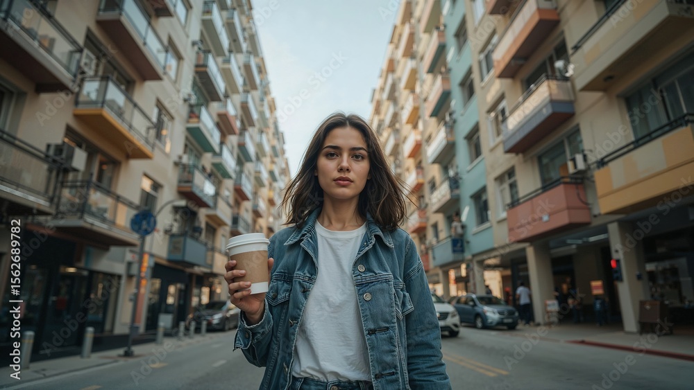 Fototapeta premium Young Woman Walking City Street Holding Coffee, Urban Lifestyle Photo