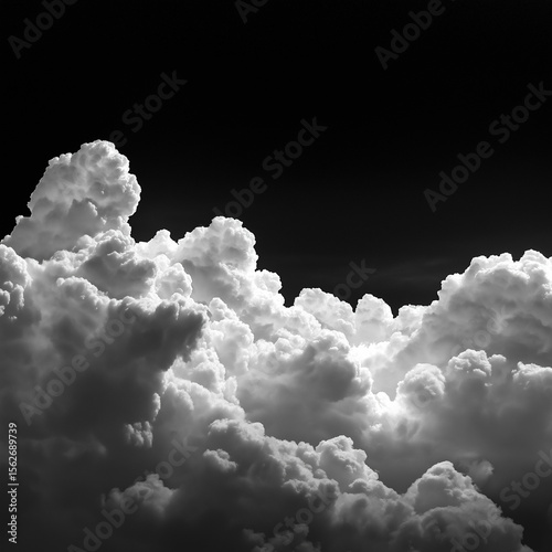 Soft cotton clouds rendered in grayscale on pure black sky background,