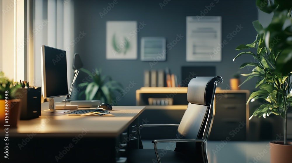 Fototapeta premium Modern office desk setup with computer chair and plants for remote work and productivity boost