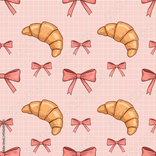 A sweet, illustrated seamless pattern of croissants and pink bows on a light pink grid background.