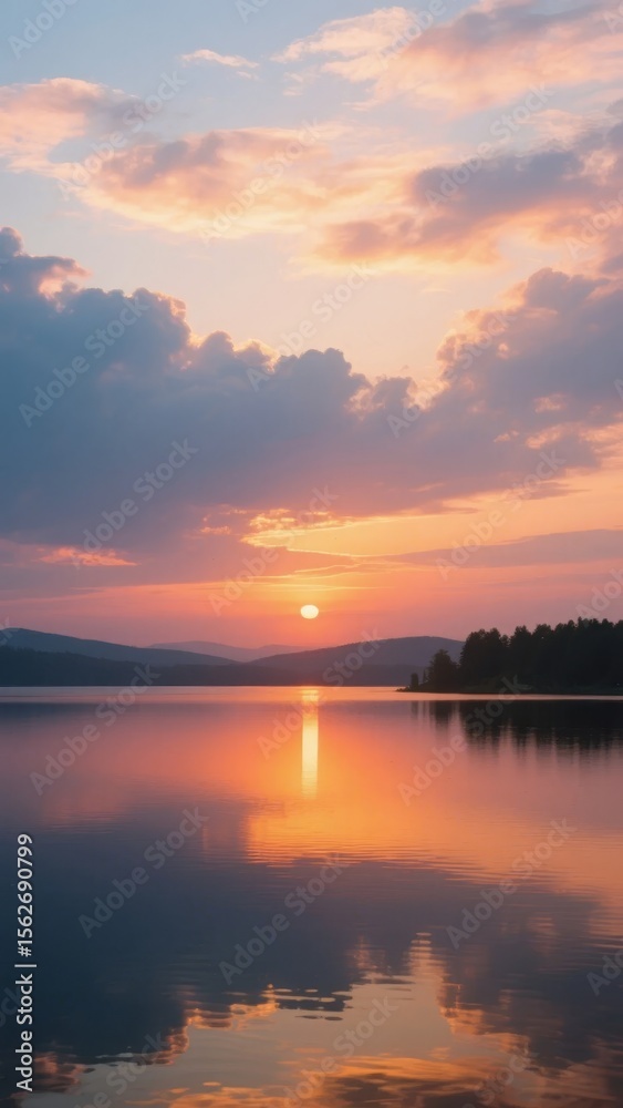 Obraz premium Sunset Over a Calm Lake with Reflective Waters and Distant Trees