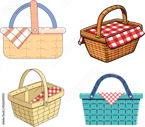 3D Vector Picnic Basket Set with Wicker Weave and Checkered Cloth Design. 