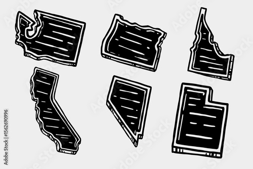 Hand Drawn USA West Coast States Icons – Vector Illustration Washington, Oregon, Idaho, California, Nevada, and Utah