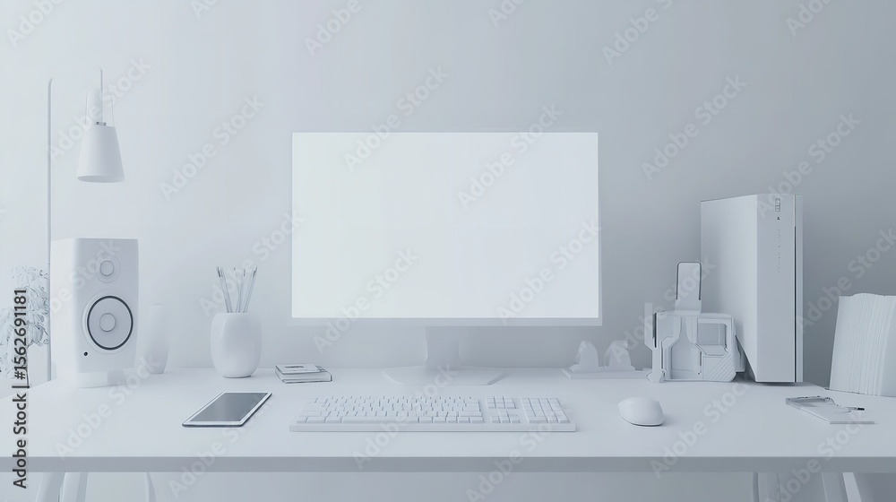 Obraz premium White aesthetic desktop computer setup minimalist workspace clean desk home office technology modern design