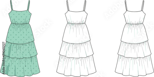 Stylish tiered maxi dress fashion flat, polka dot summer dress illustration, vector sketch for clothing design, garment template, apparel mockup flat vector illustration