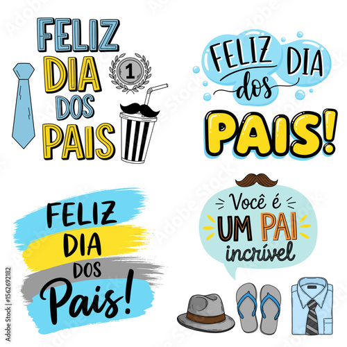 Happy Father's Day Badges and Stickers Collection in Portuguese