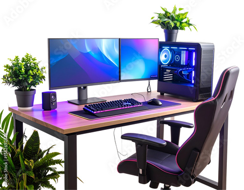  Futuristic Neon Gaming Setup with RGB Lights and Glowing Plants in Modern Tech Workspace, Isolated PNG