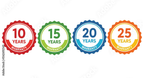 10 Years, 15 Years, 20 Years, 25 Years Warranty Badge Seals on White Background