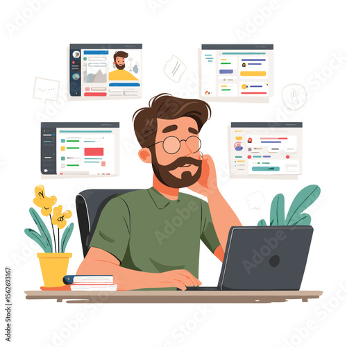 Bearded Man Thinking While Working Remotely