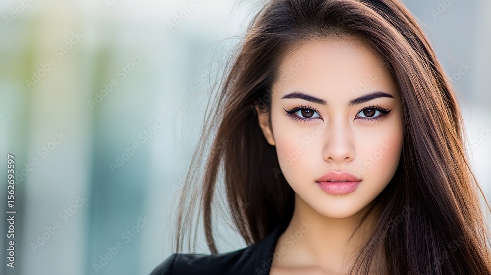 Naklejka premium Confident Young Woman with Long Hair and Bold Makeup in Natural Light