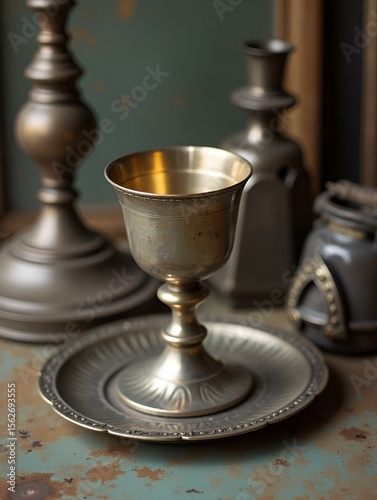 Flat lay view of tipped over silver chalice goblet grail surrounded by vintage candlesticks and miscellaneous vintage metal valuables