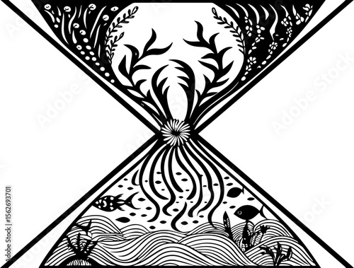 SVG illustrating a marine conservation sanctuary to protect ocean life. Intricate Black and White Hourglass Illustration with Nature Elements