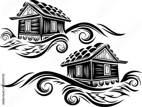 SVG illustrating a marine conservation sanctuary to protect ocean life. Black and White Illustration of Wooden Houses on Waves Design