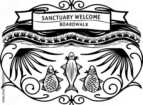 SVG illustrating a marine conservation sanctuary to protect ocean life. Sanctuary Welcome Boardwalk Graphic with Artistic Fish Design