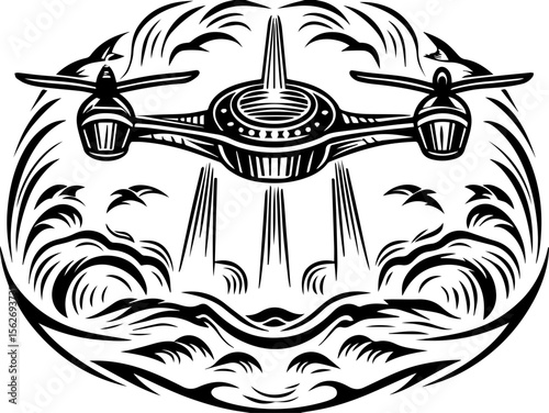 SVG illustrating a marine conservation sanctuary to protect ocean life. Drone Flying Over Waves and Waterfalls in Abstract Black Design