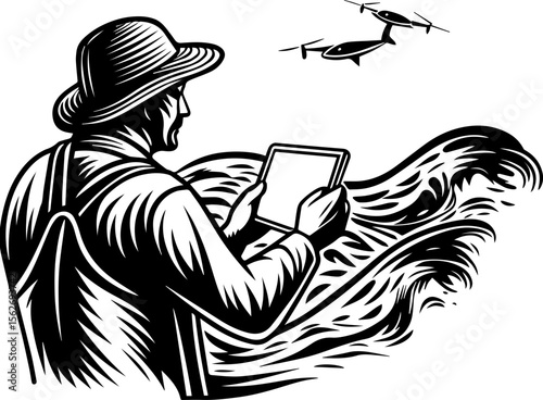 SVG illustrating a marine conservation sanctuary to protect ocean life. Farmer with Tablet and Drone Over Waves in Abstract Illustration