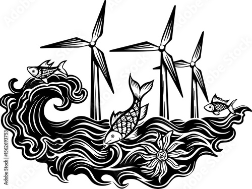 SVG illustrating a marine conservation sanctuary to protect ocean life. Wind Turbines with Fish in Artistic Black and White Illustration