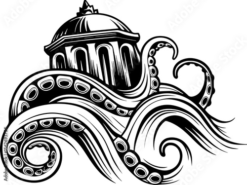SVG illustrating a marine conservation sanctuary to protect ocean life. Octopus Underwater Scene with Waves and Classical Architecture Design