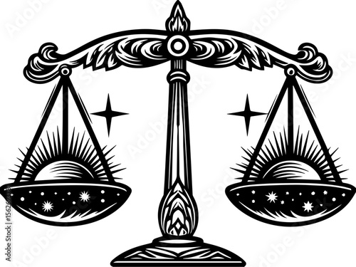SVG illustrating a marine conservation sanctuary to protect ocean life. Vintage Scales of Justice with Celestial Elements in Black and White