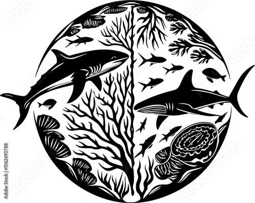 SVG illustrating a marine conservation sanctuary to protect ocean life. Artistic Representation of Sharks in a Vibrant Underwater Scene