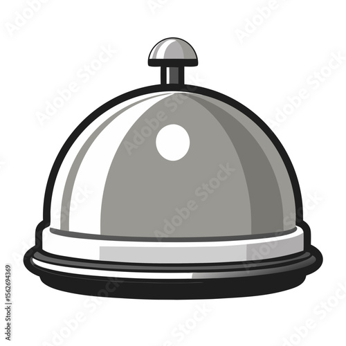 A silver service bell with a dome-shaped cover, black base, and small button on top, commonly used in hotels, restaurants, or reception desks to call for assistance.