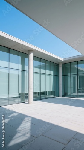 Modern glass building with a spacious courtyard under a clear blue sky